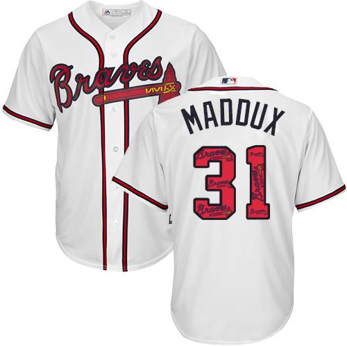 Braves #31 Greg Maddux White Team Logo Fashion Stitched MLB Jersey - Click Image to Close